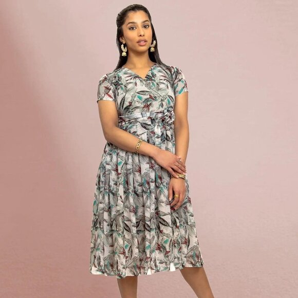 Grey Printed Dress with Bow | Harmony Hues | Muvvas Boutique - Picture 1 of 5